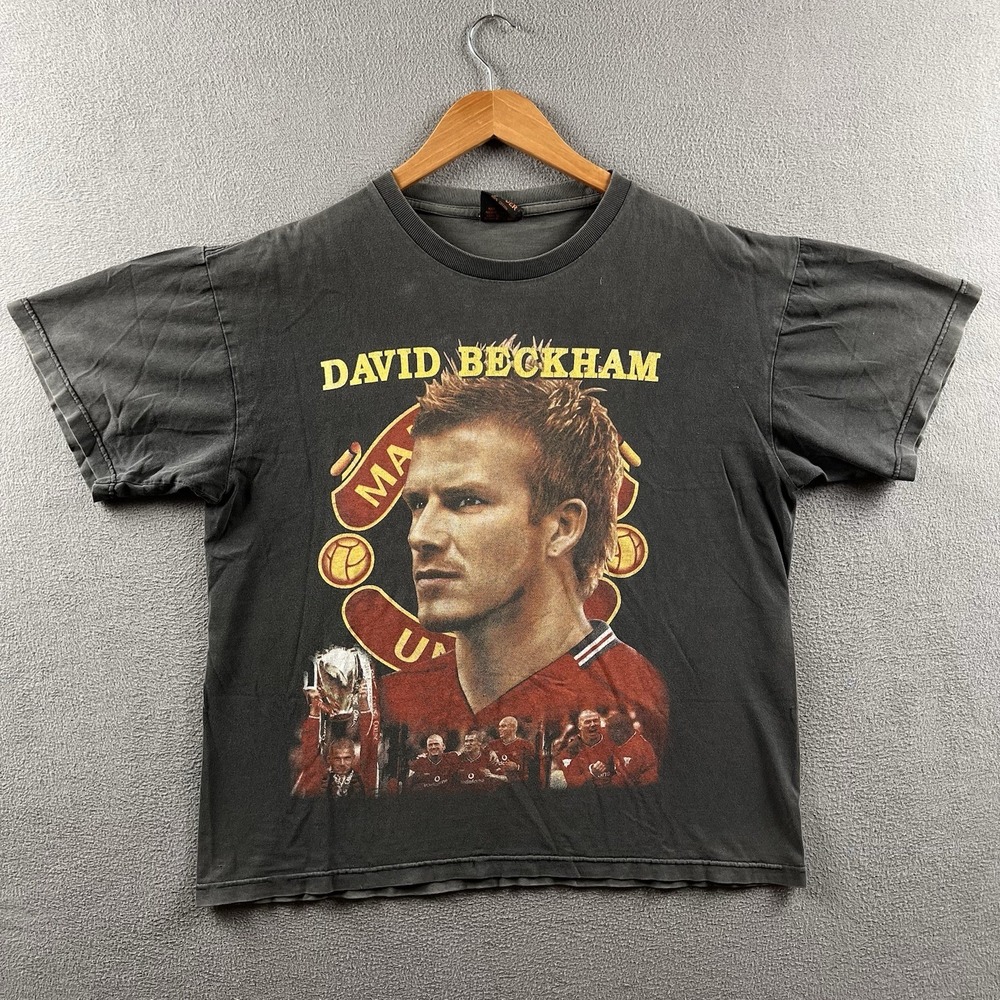Vintage David Beckham Shirt Mens Large Black Faded Big Print Rap Tee 90s RARE - Picture 2 of 16
